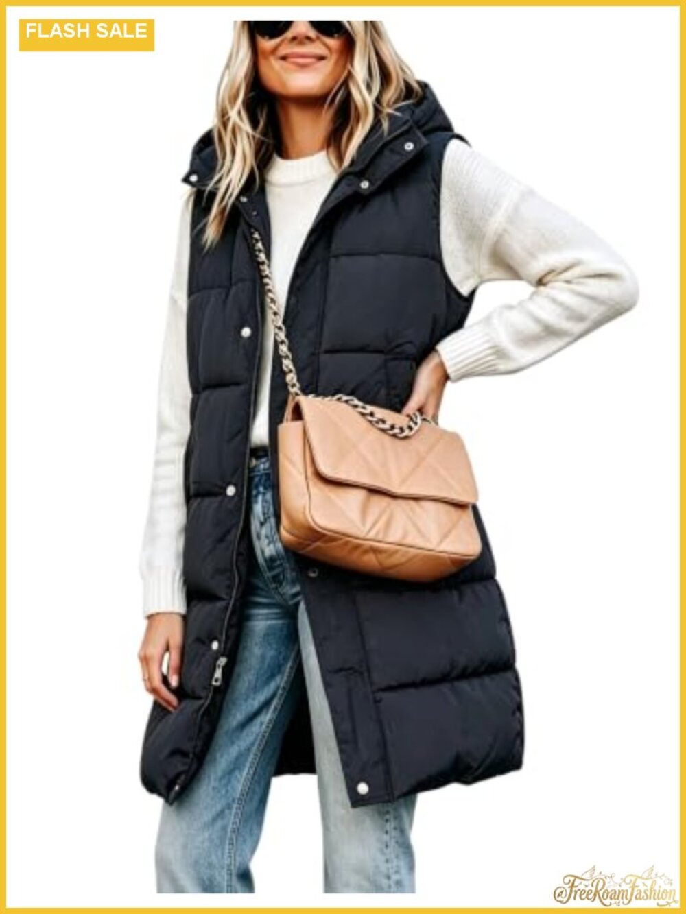 Tanming Women's Long Puffer Vest Removable Hood Sleeveless Quilted Full Zip
